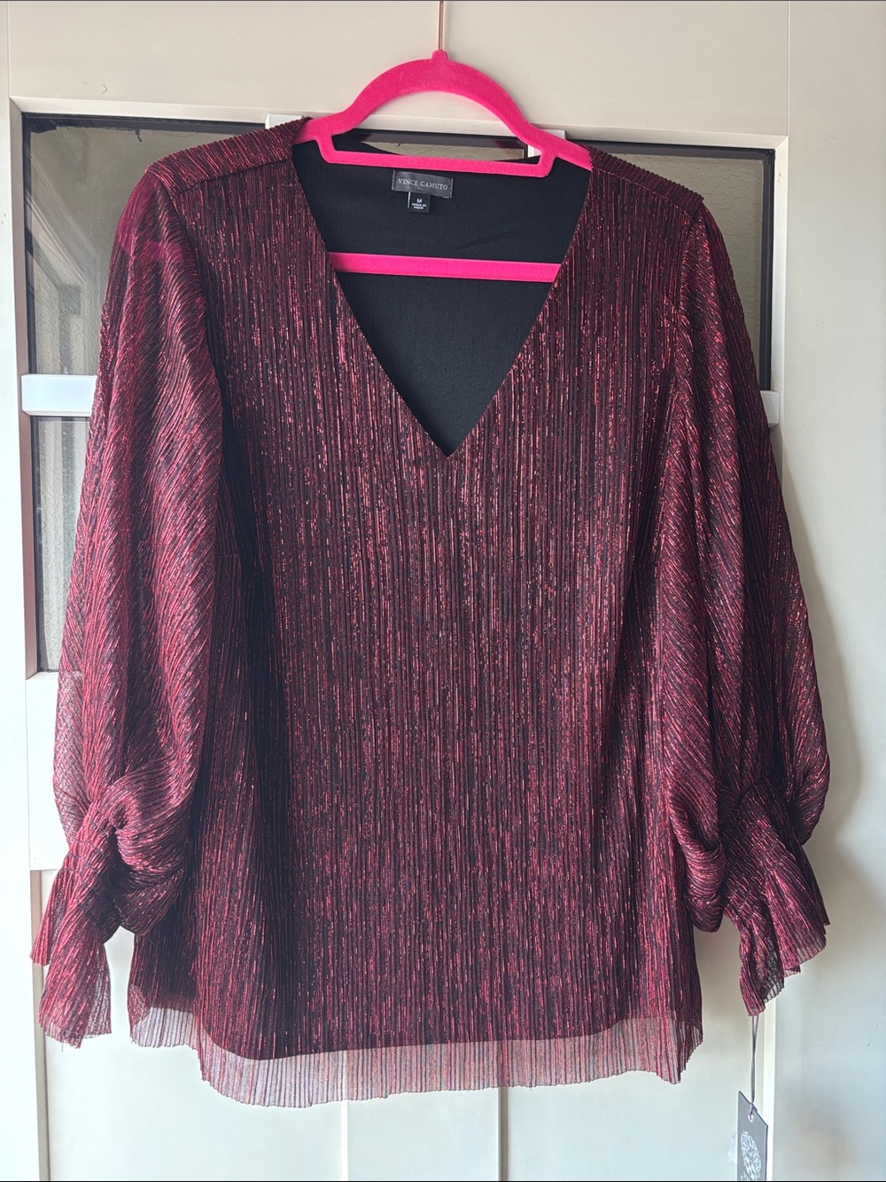 Vince Camuto Metallic Wine V-Neck Pleated Blouse